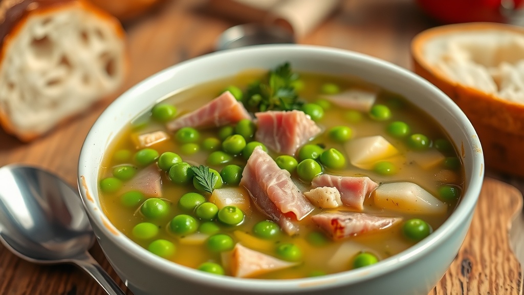 Hearty Ham and Pea Soup Recipe A bowl of Ham and Pea Soup with peas and ham pieces, garnished with parsley, on a rustic kitchen table with bread.